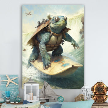 Turtle Surfing With Goggles - Green Turtle Wall Art